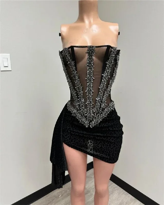 Mega Sale Sexy Strapless Short Prom Dresses For Black Girls Beaded Birthday Party Dress Crystal Mini Cocktail Homecoming Robe De Bal