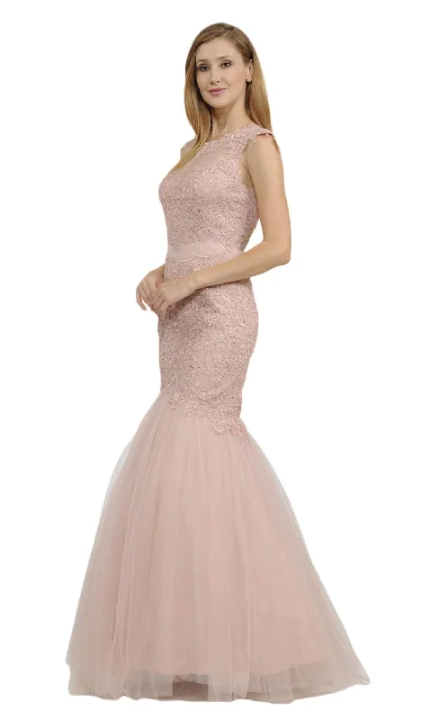 Relaxed Style Poly USA - 8226 Cap Sleeve Appliqued Illusion Cutout Mermaid Gown