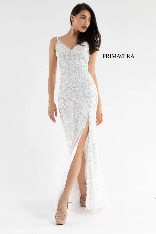 Wardrobe Update Primavera Couture 3749 Size 0 Ivory Sequined Prom Dress V Neckline Sweeping Train Evening Gown