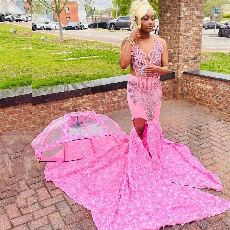 Fashion Sale Pink Flowers Mermaid Prom Dress For Black Girls Crystals Rhinestone Beaded Formal Party Gown