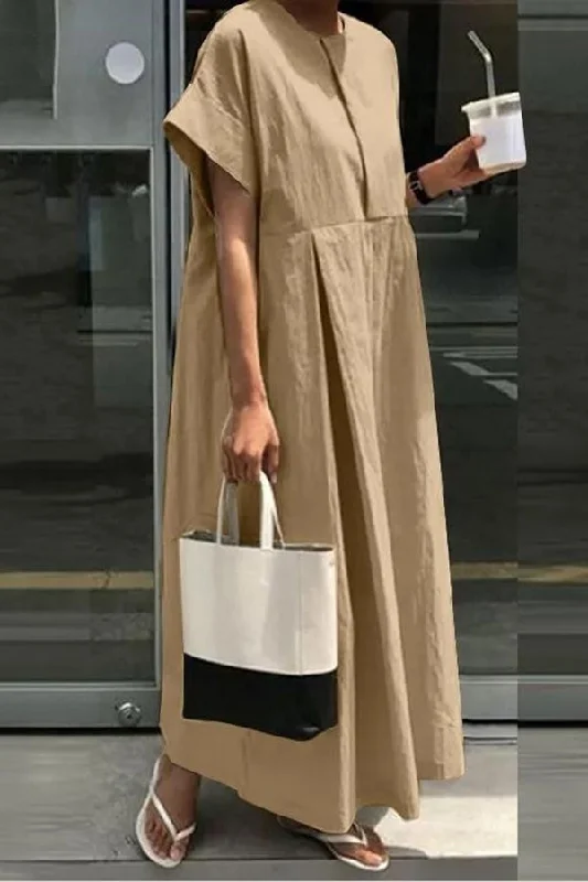 Woman Clothing Linen Blend Loose Crew Neck Casual Maxi Dress