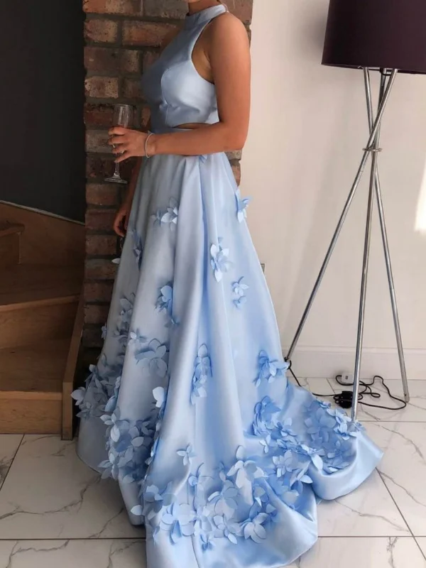 Massive Savings High Neck Two Pieces Blue Prom Dresses Long, 2 Pieces Blue Floral Formal Dresses, Blue Evening Dresses SP2673