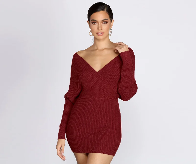 Redefining Women's Fashion Ribbed Knit Surplice Mini Dress