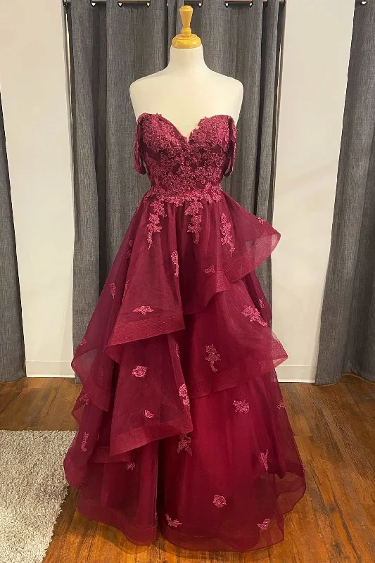 Women’s Clothes for All-Day Comfort and Style Wine Floral Lace Strapless A-Line Tiered Prom Dress