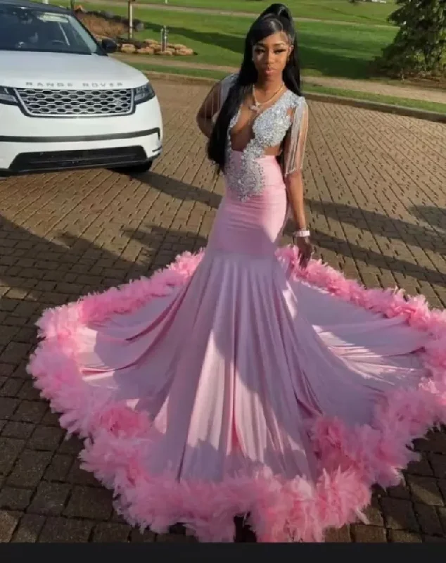 Flash Sales Today Pink African American Prom Dresses Mermaid Sheer Sheer Crystals Feather Black Girls Nigeria Robe De Soiree Evening Dress Gown