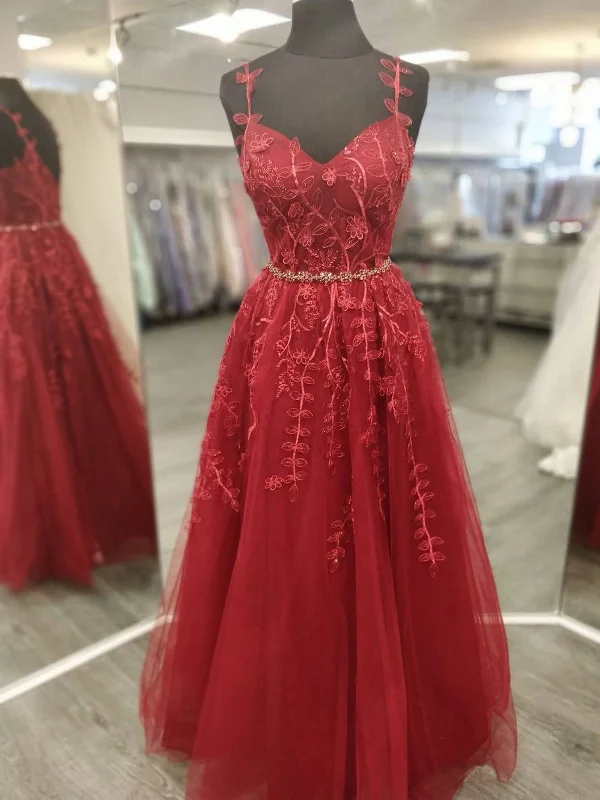 Huge Price Cut A Line V Neck Burgundy Lace Floral Long Prom Dresses, Wine Red Lace Formal Dresses, Burgundy Evening Dresses