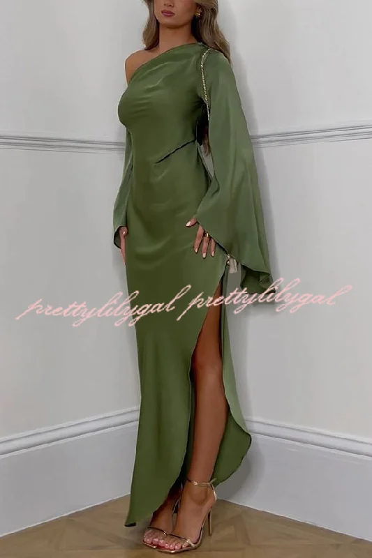 Trendy Styles Zayla Satin Asymmetrical One Shoulder Bell Sleeve Slit Maxi Dress