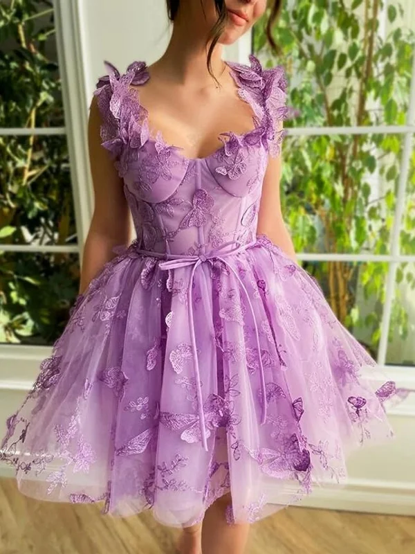 Luxury Women’s Clothing Princess Purple Lace Floral Short Prom Dresses, Lilac Homecoming Dresses with Appliques, Purple Formal Graduation Evening Dresses SP2734