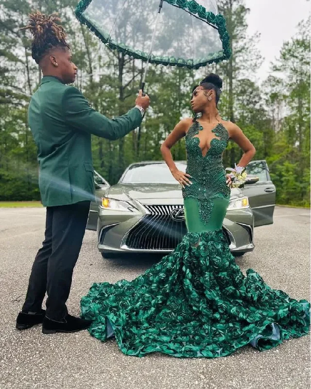 End of Season Sale Hunter Green Rose Long Prom Dresses For Black Girls Luxury Crystal Beaded African Birthday Queen Gown