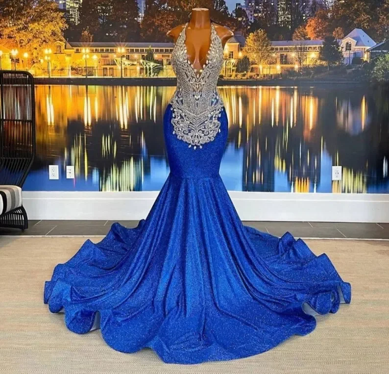 Women's Clothing Sale Online Royal Blue African American Prom Dresses Mermaid Halter Sequins Beaded Black Girls Nigeria Robe De Soiree Evening Dress Gown