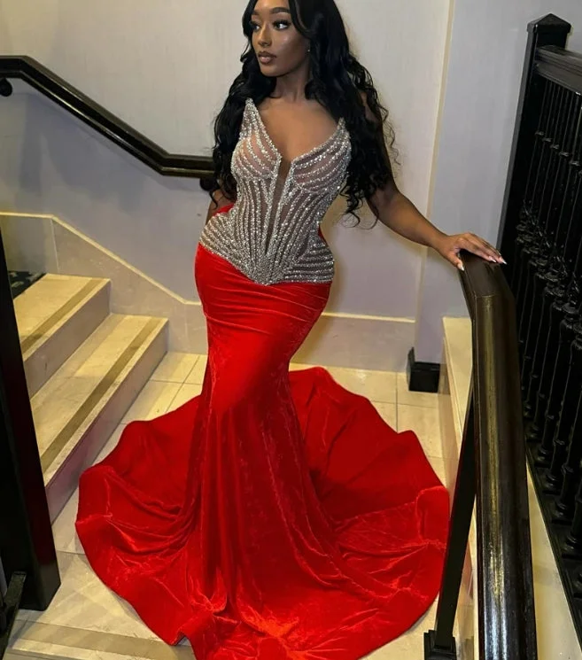 Best Boutiques Online Red Velvet V Neck Long Prom Dress For Black Girls Beaded Birthday Party Dresses Mermaid Evening Gowns