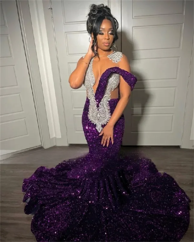 Season Sale Purple Sequins Mermaid Long Prom Dresses For Black Girls Luxury Rhinestones Crystals Birthday Party Dress Evening Dress