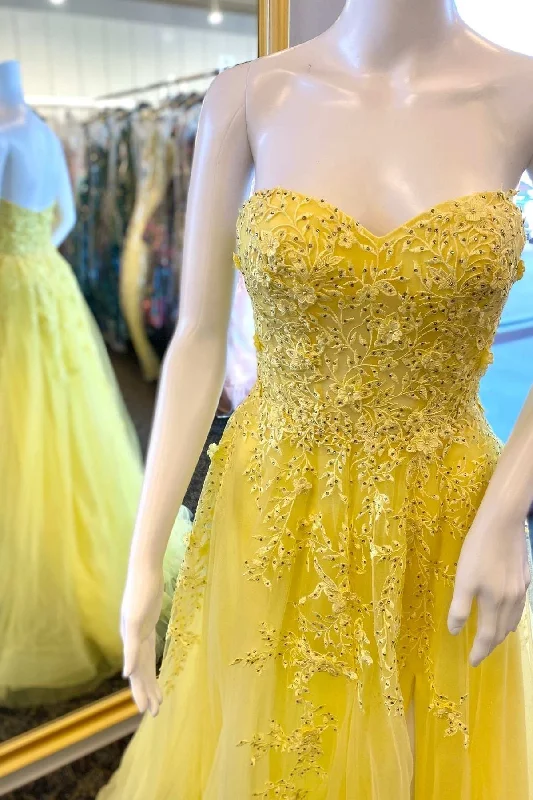 Minimalist Women’s Fashion Clothing Yellow Floral Lace Strapless A-Line Prom Dress