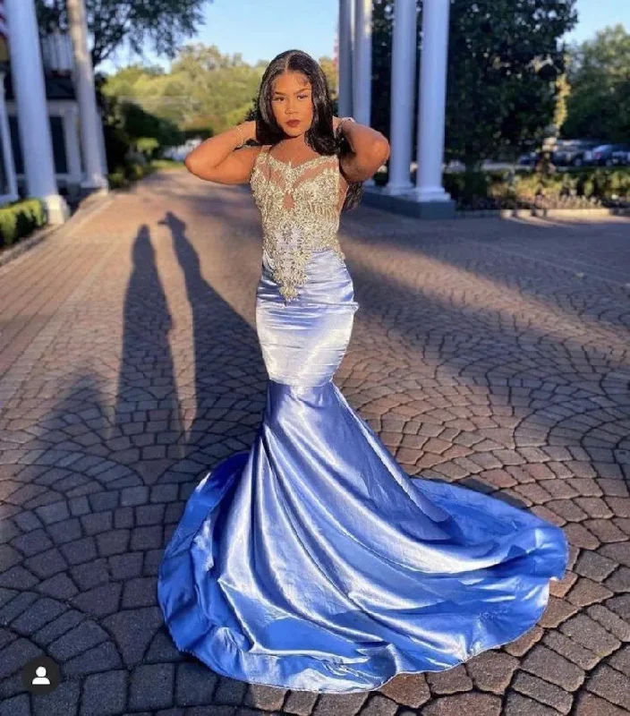 Sale Clearance Sky Blue African American Prom Dresses Mermaid V-neck Velvet Appliques Black Girls Nigeria Robe De Soiree Evening Dress Gown