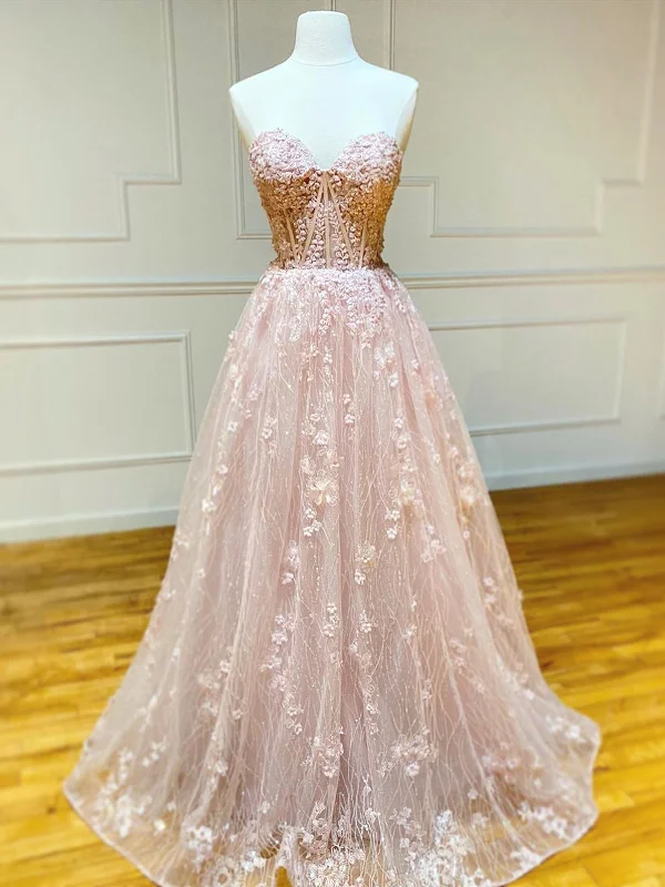 Huge Discounts This Week Sweetheart Neck Strapless Pink Floral Long Prom Dresses, Long Pink Floral Formal Evening Dresses