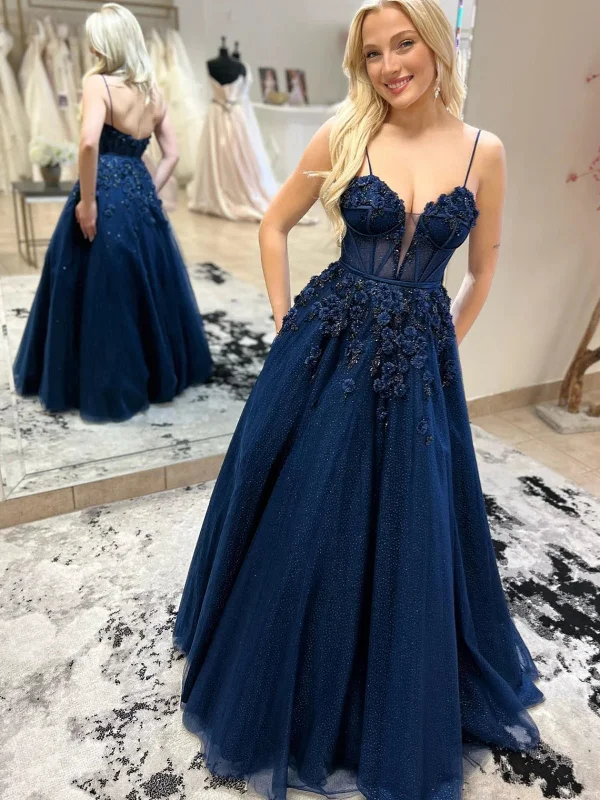 Summer Deals A Line V Neck Open Back Navy Blue Floral Long Prom Dresses, Long Navy Blue Formal Evening Dresses with 3D Flowers SP2801