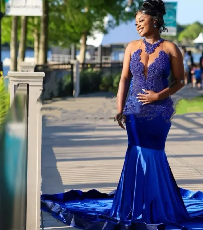 Women Apparel Sexy Royal Blue Velvet Mermaid Prom Dresses For Black Girls Crystal Evening Birthday Party