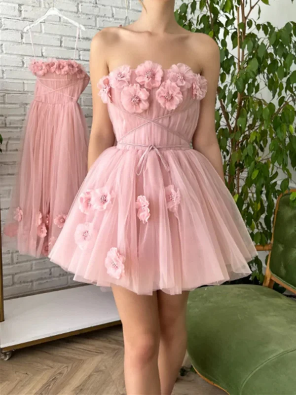 Relaxed Fit Women’s Fashion Strapless Short Pink Tulle Prom Dresses with 3D Flowers, Pink Floral Homecoming Dresses, Short Pink Formal Evening Dresses SP2497