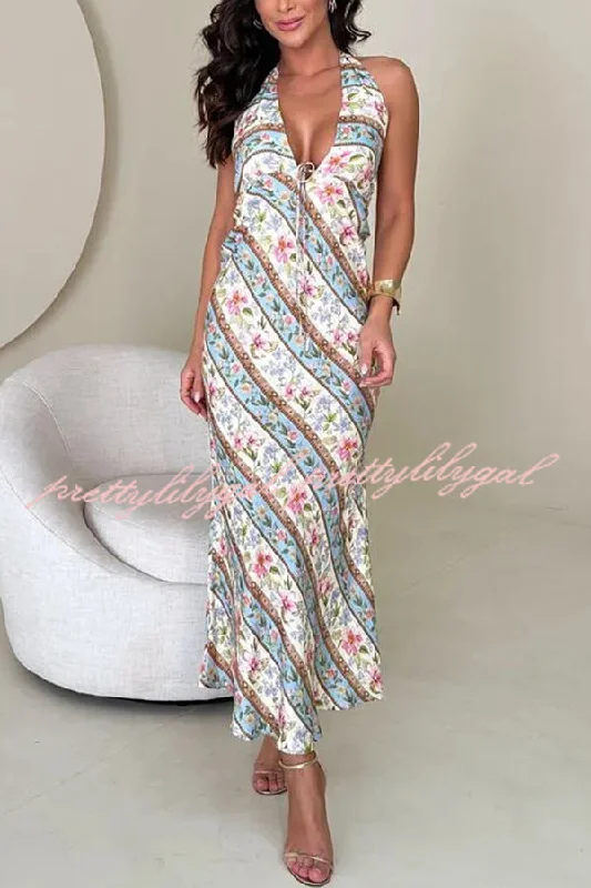 Casual Women’s Clothing Garden Goddess Unique Colorblock Floral Print Halter Backless Maxi Dress