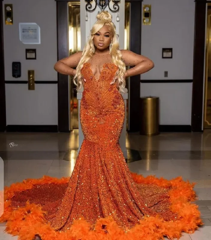 Sales For Clothes Orange African American Prom Dresses Mermaid Sheer Sequins Beaded Feather Black Girls Nigeria Robe De Soiree Evening Dress Gown