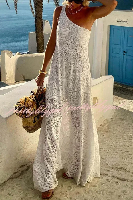 Discover Now Pure Soul Unique Lace Pattern One Shoulder Slit Vacation Maxi Dress