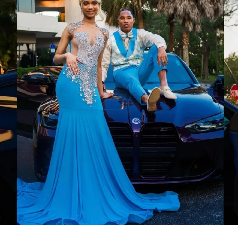 Cool Prices Glitter Blue Mermaid Prom Dress For Black Girls Silver Daimond Rhinestone Beaded Party Gowns