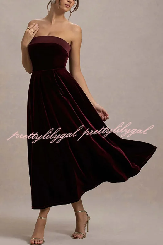 Chic Style, Always In Vogue Center of Attention Velvet Satin Neck Bandeau Pleated Midi Dress