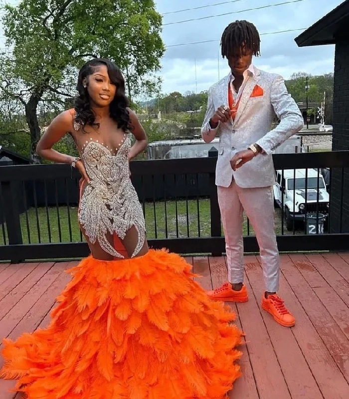 Women's Clothing Stores Elegant Orange Feathers Mermaid Prom Dresses For Black Girls For African Women Sheer Neck Plus Size Formal Evening Occasion