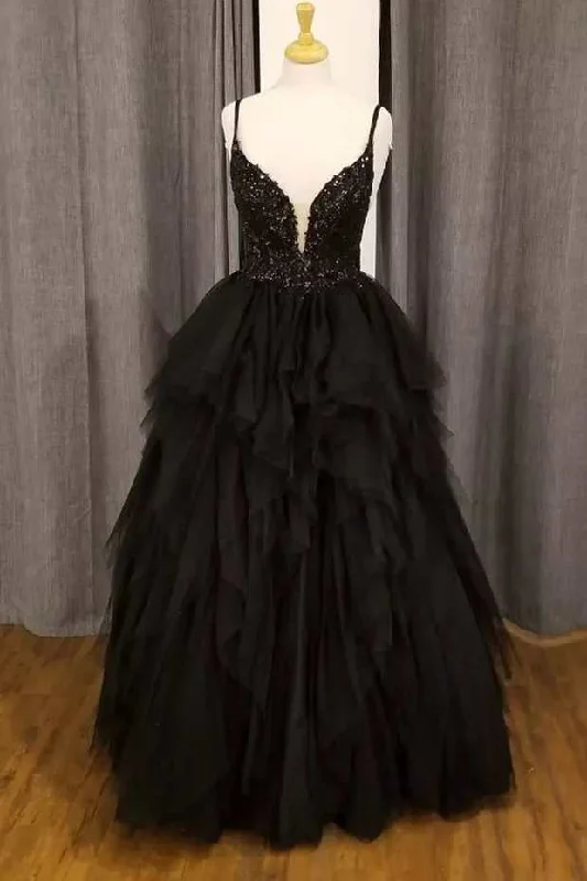 Versatile Women’s Clothing for All Occasions Black Tulle Floral Lace Straps Tiered A-Line Prom Gown