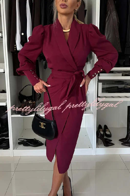 Casual Fashion Vintage Elegance Metal Buckle Balloon Sleeve Lapel Wrap Formal Midi Dress