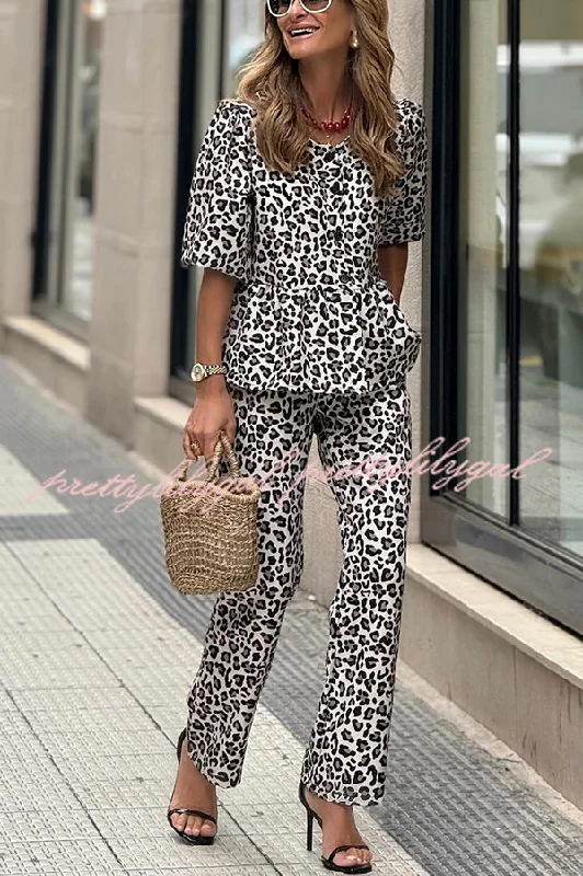 Innovate Your Wardrobe Enjoy Everyday Leopard Print Puff Sleeve Babydoll Top and Elastic Waist Pocketed Pant Set