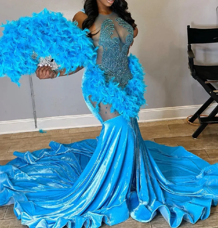 Seasonal Sale Legend Blue Velvet Feathers Mermaid Golden Crystal Beading Prom Dresses Luxury Designer Party Black Girls Bespoke robe de bal