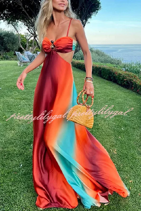 Women’s Clothing for Every Occasion Neon Sunset Printed Metal Decoration Cutout Back Tie-up Vacation Maxi Dress