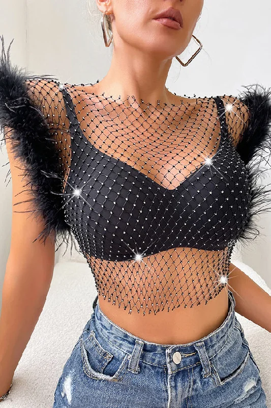 Vibrant Femme Fashion Sexy Ostrich Feather Rhinestone Fishnet Slim Fit Top