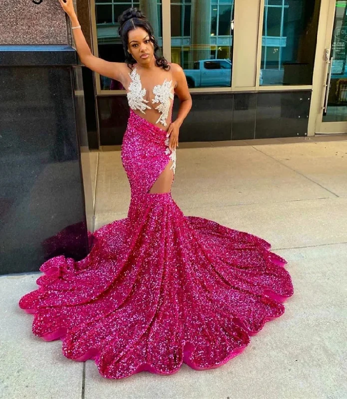 Chic Styles Sexy Diamonds Fuchsia Prom Dress For Black Girls Sheer Neck Sparkly Beading Crystal Rhinestones Sequins GownsBirthday Party