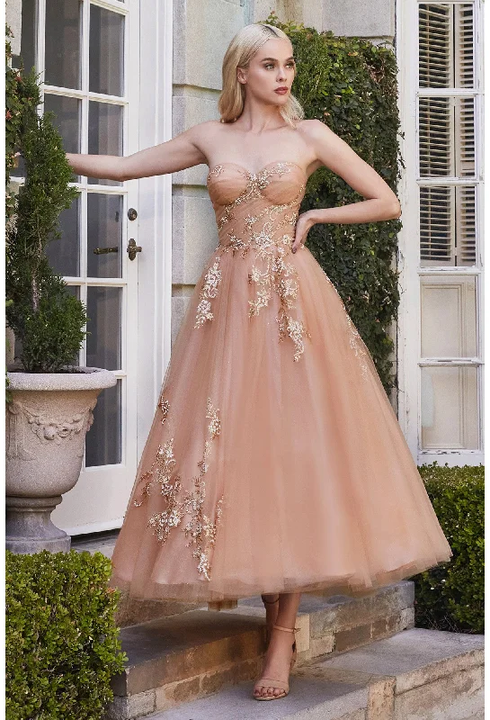 Chic Women’s Clothing Online Strapless Floral Sweetheart Bodice Tulle Tea Length Dress By Andrea & Leo Couture - A1114