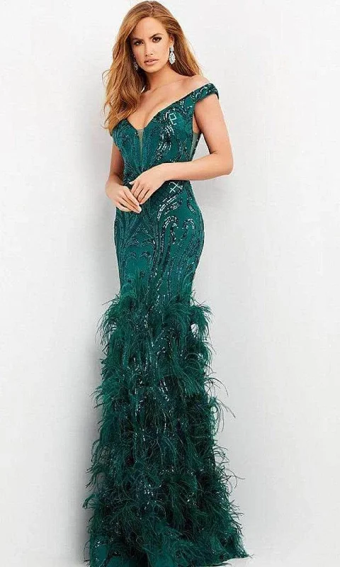 Women's Urban Fashion Jovani - Feathered Trumpet Evening Gown 05660SC - 1 pc Green In Size 18 Available