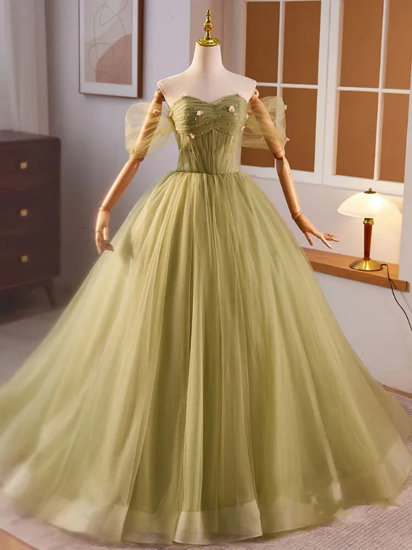 Affordable Women’s Fashion Off Shoulder Green Tulle Floral Long Prom Dresses, Off the Shoulder Green Formal Evening Dresses, Green Evening Dresses with 3D Flowers SP2932