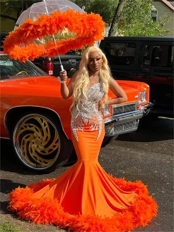 Women's Clothing Sale Orange Crystal Orange Feathers Long Prom Dresses For Black Girls African Mermaid Birthday Evening Party Gown