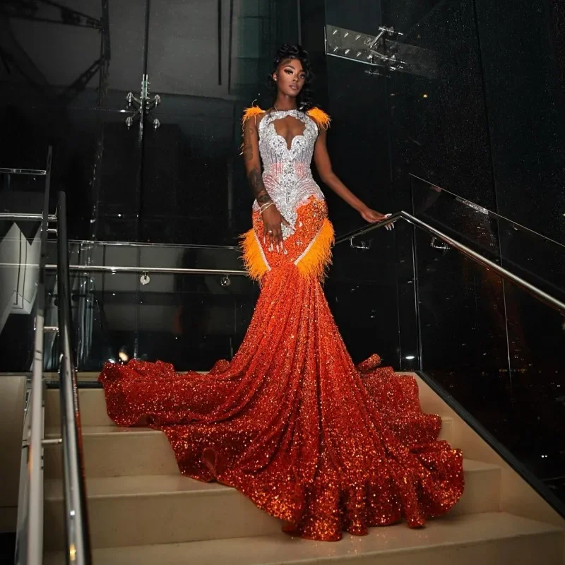 Relaxed Style Luxury Orange Prom Dresses For Black Girls Feathers Rhinestone Sequin Mermaid Party Gowns Afrcian Women Crystal Evening Dress