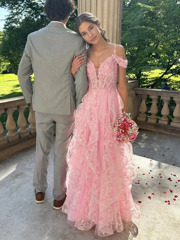 Seasonal Women’s Fashion Trends Off Shoulder V Neck Fluffy Pink Lace Floral Long Prom Dresses, Pink Lace Formal Dresses, Pink Evening Dresses with Appliques SP3083