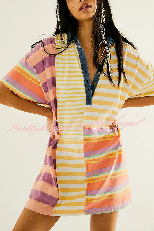 Limited Time Offer Contrast Striped Patchwork Denim Lapel Loose Casual Mini Dress