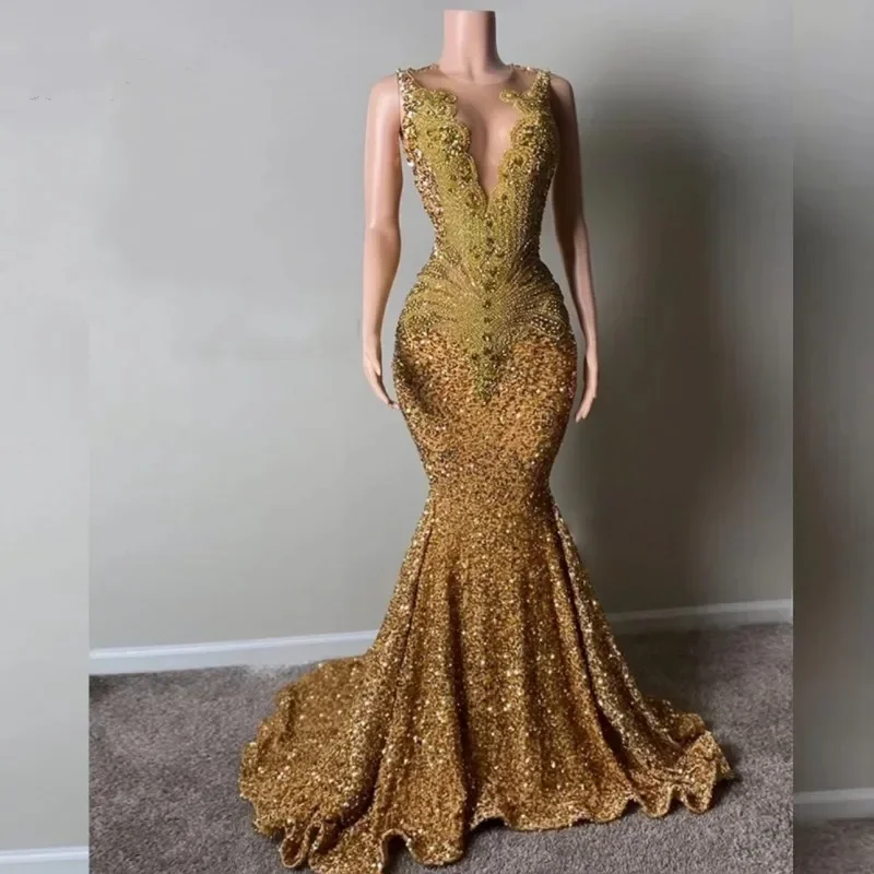 Online Boutiques Clothing Shinny Gold Sequin Prom Dress For Black Girls Rhinstone Mermaid Party Gowns Sleeveless Africam Women Vestidos De Festa