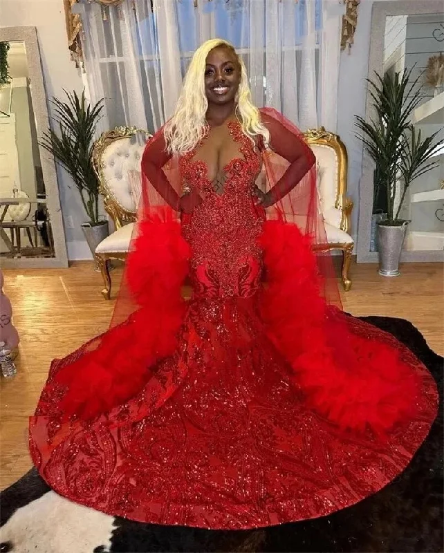 Outfits Ideas Red Halter Long Prom Dress For Black Girls Beaded Rhinestone Birthday Party Dresses Sequined Ruffles Evening Gown With Cape