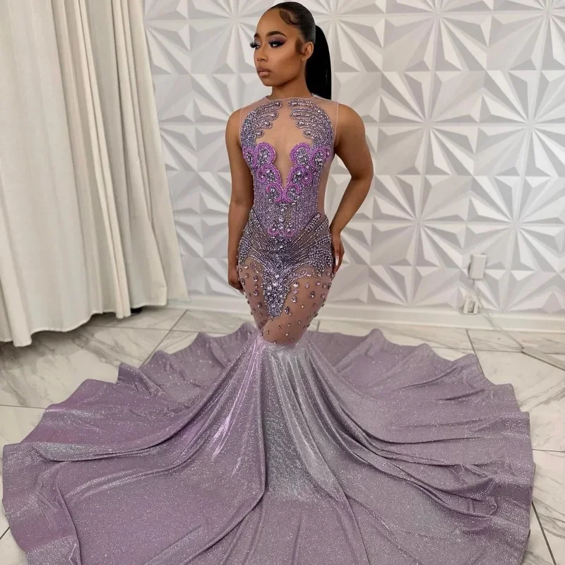 Online Boutique Clothing Luxury Diamond Prom Dresses Sheer Neck Rhinestone Sequin Party Gowns Black Girls Mermaid Evening Dress