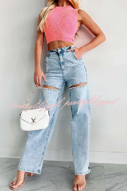 Trend Setting Wardrobe Blowing Your Mind Slit-Front Wide Leg Pocket Rhinestone Jeans