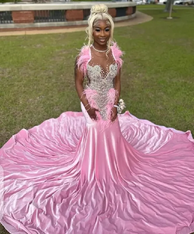 Sale On Sale Pink African American Prom Dresses Mermaid Sheer Beaded Feather Black Girls Nigeria Robe De Soiree Evening Dress Gown