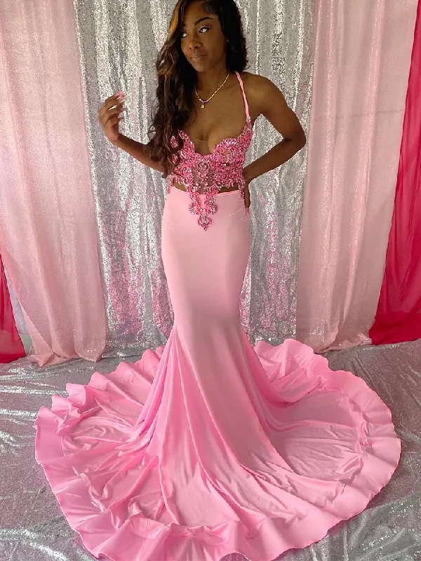 Rocker Chic Fashion Long Sheer Pink Mermaid Prom Dresses Black Girls vestidos de gala evening dresses woman elegant