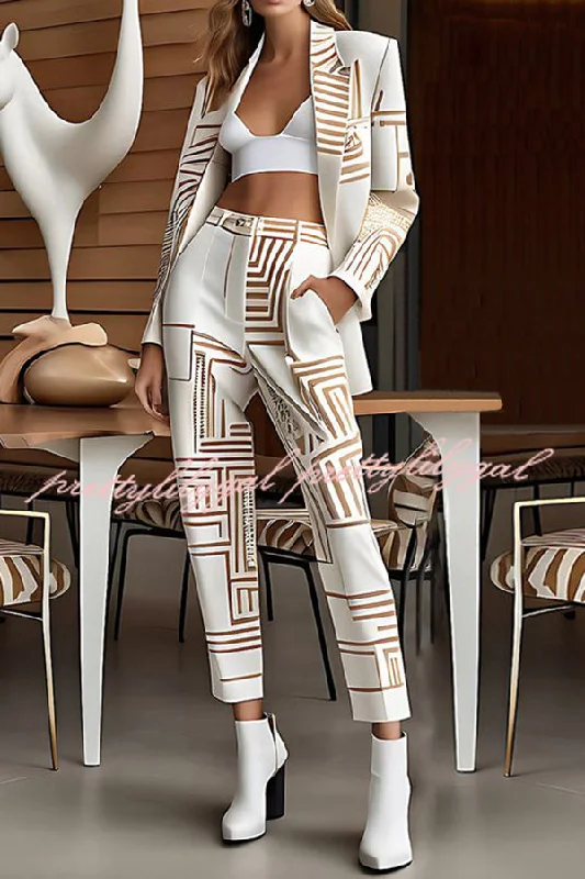 Affordable Women’s Clothing Online Unique Print Lapel Long-sleeved Suit Jacket and Loose Pocket Pants Set