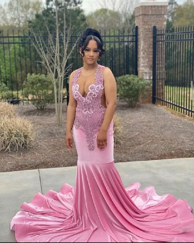 Extreme Clearance Deals Pink African American Prom Dresses Mermaid Sheer Vevlet Beaded Black Girls Nigeria Robe De Soiree Evening Dress Gown